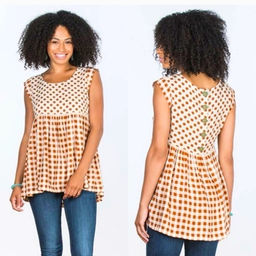 MATILDA JANE Feeling Collegiate Polka Dot and Checkered Babydoll Blouse.M NWT